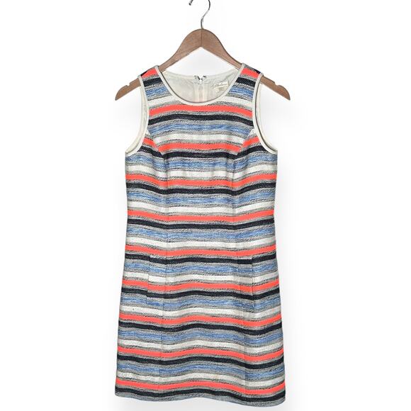 SHOSHANNA Linen Tweed Blend Striped Mini Dress Neon Orange Blue Coastal Chic 4 - Picture 8 of 11